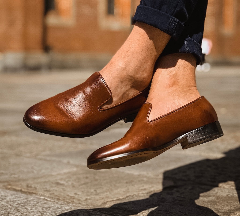 Cognac Venetian loafer lifestyle styled shot
