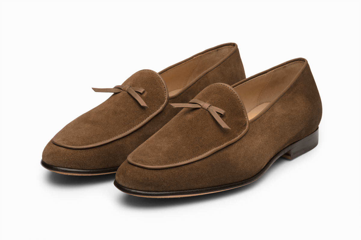 Belgian Loafers Tobacco Suede three-quarter front view on white background