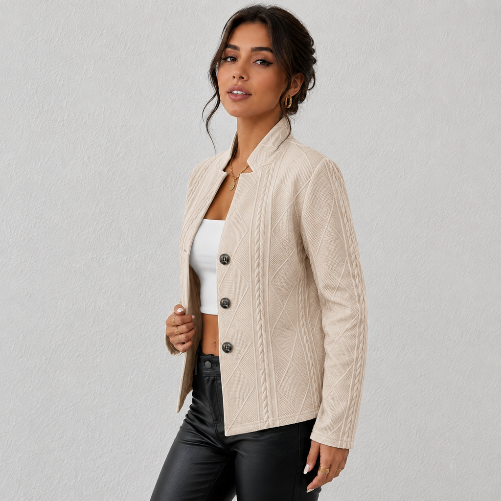 Elara Women's Cable-Knit Open-Front Quilted Jacket, close-up detail