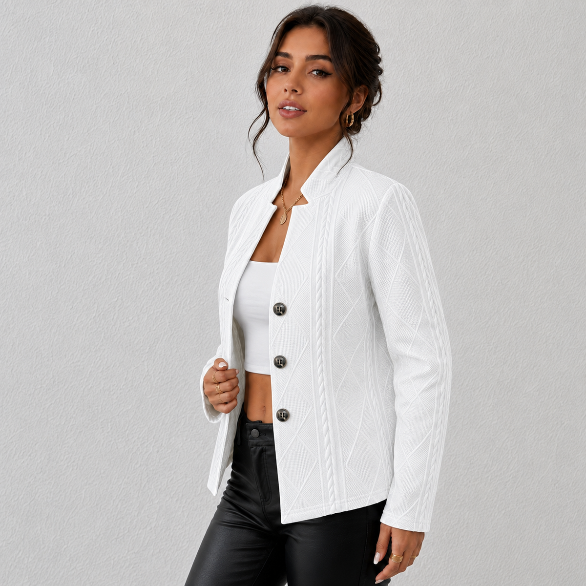 Elara Women's Cable-Knit Open-Front Quilted Jacket, full length