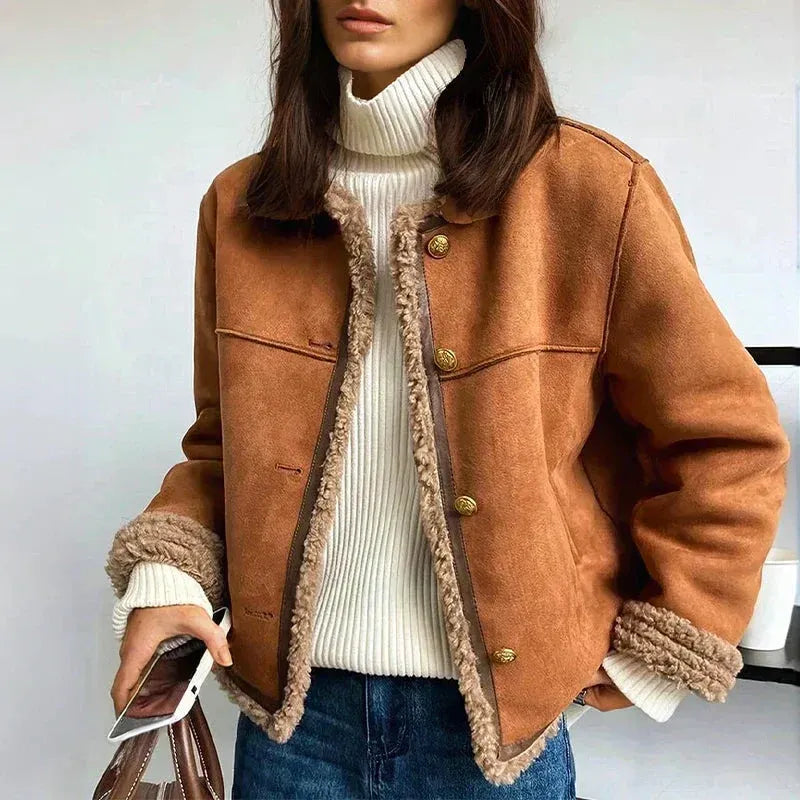 Savannah Women's Winter Faux Suede Sherpa-Lined Button-Up Jacket, front view