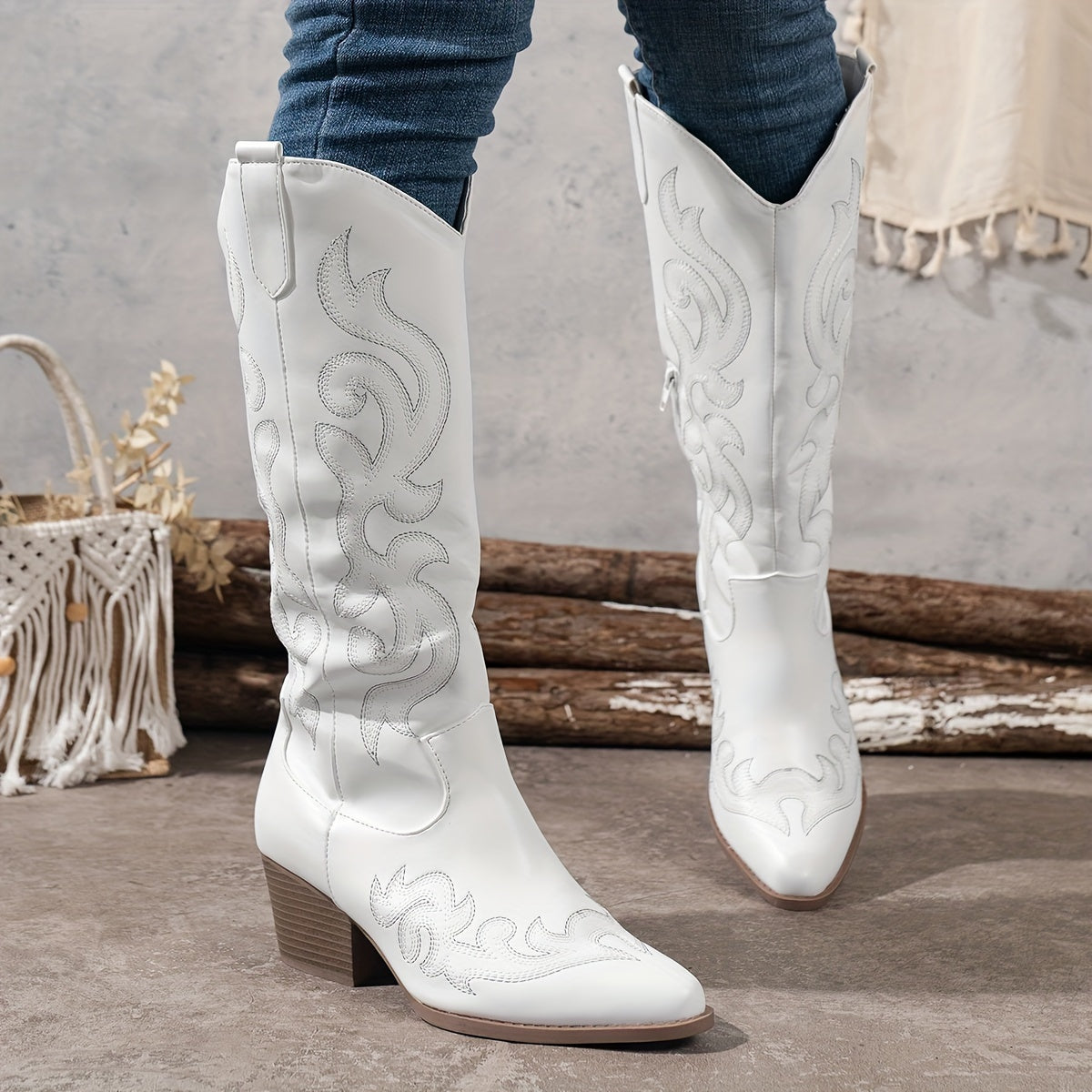 Jenny Women's Knee-High Faux Leather Block Heel Cowboy Boots, full length