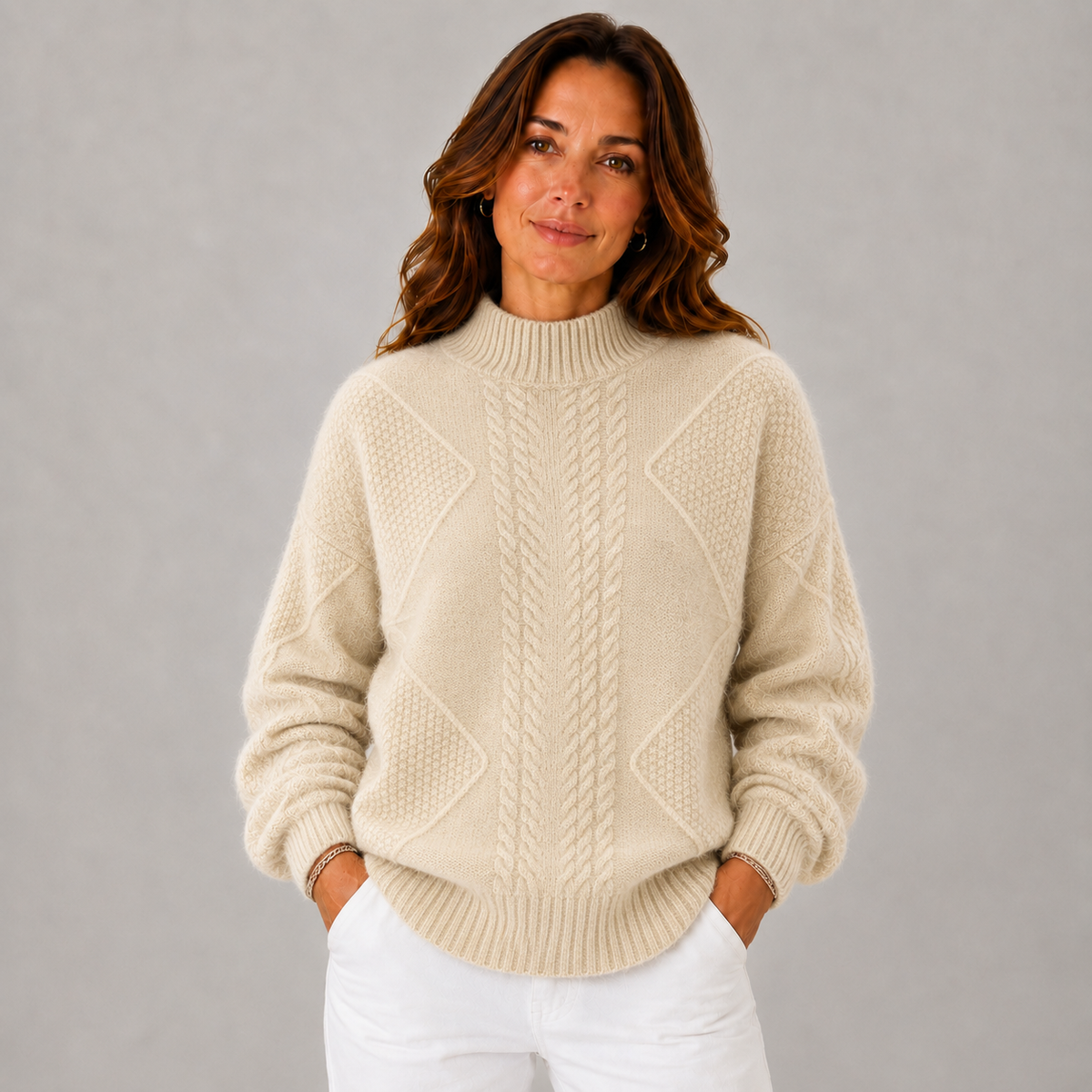 Elise Women's Mock-Neck Cable-Knit Winter Sweater, front view