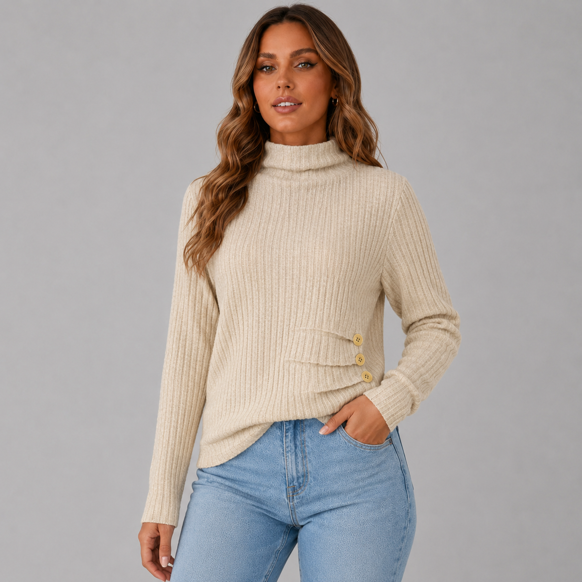 Elise Women's Ribbed Knit Button Turtleneck Sweater, front view