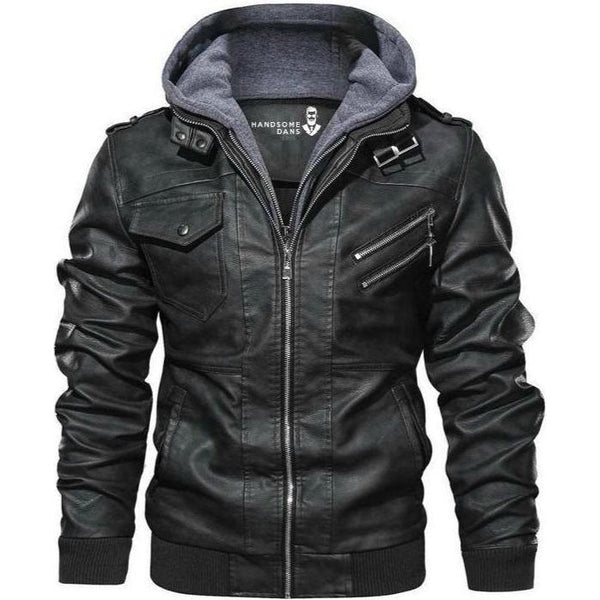Men's Zip-Up Jacket with Detachable Hood and Multiple Pockets, front view