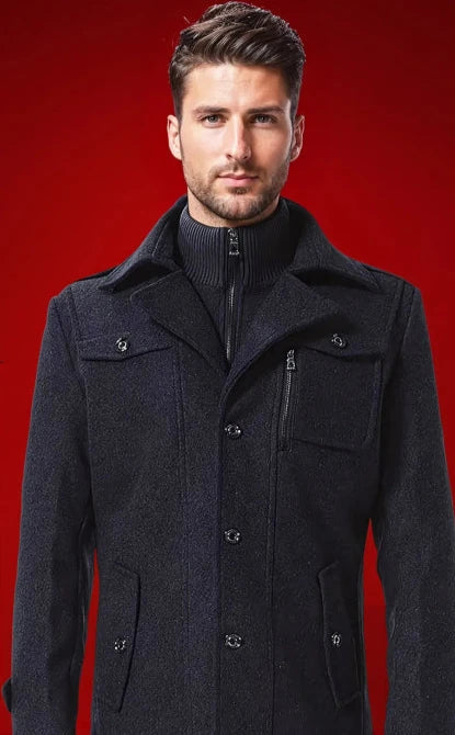 Men's Zip-Up Winter Coat with Button Accents and Stand-Up Collar, front view