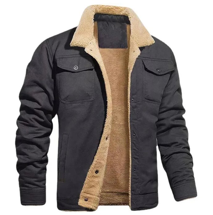 Men's Sherpa-Lined Button-Front Winter Jacket with Fold-Down Collar, front view