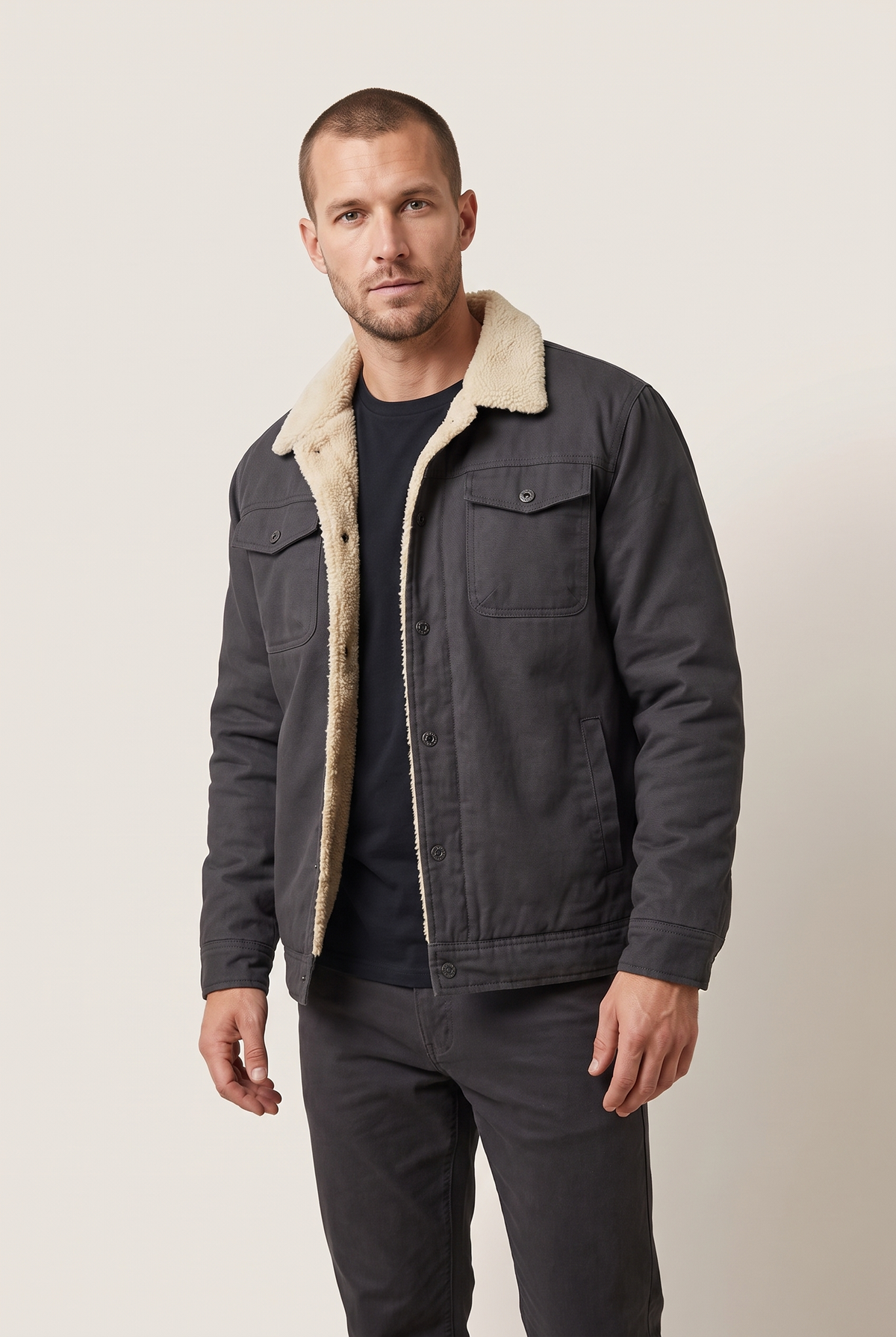 Men's Sherpa-Lined Button-Front Winter Jacket with Fold-Down Collar, on model