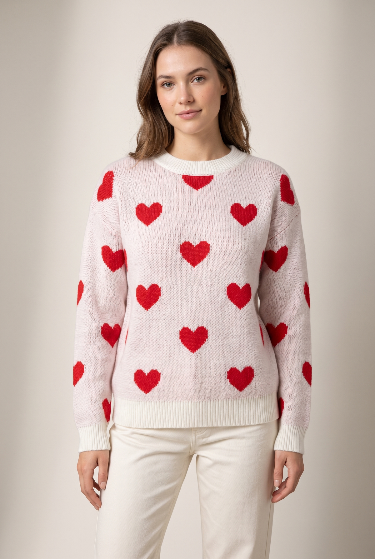 Montecito Women's Winter Round Neck Heart Pattern Knit Sweater, on model