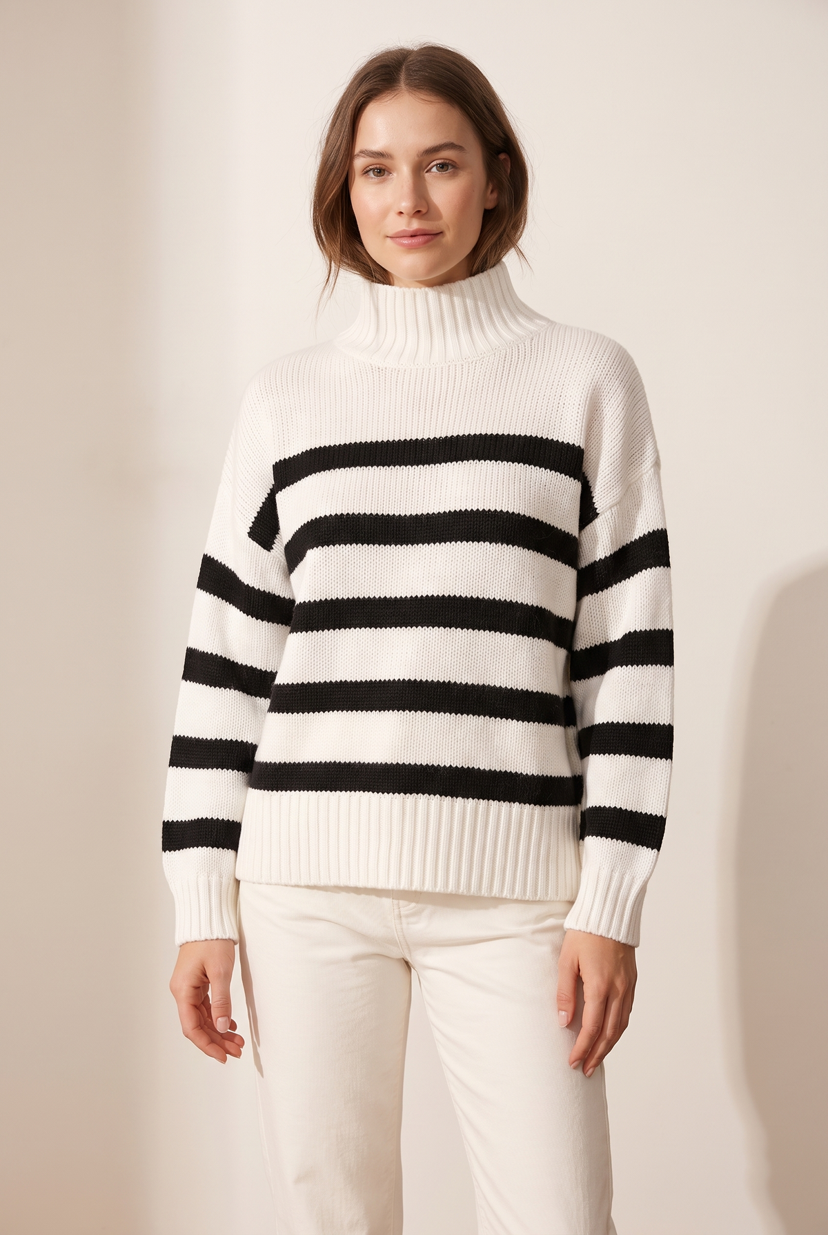 Laguna Women's Winter Ribbed Collar Striped Turtleneck Sweater, on model