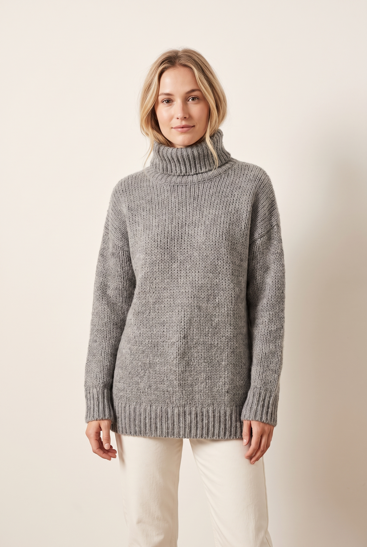 Women's Turtleneck Collar Ribbed Cuffs Chunky Knit Sweater, on model