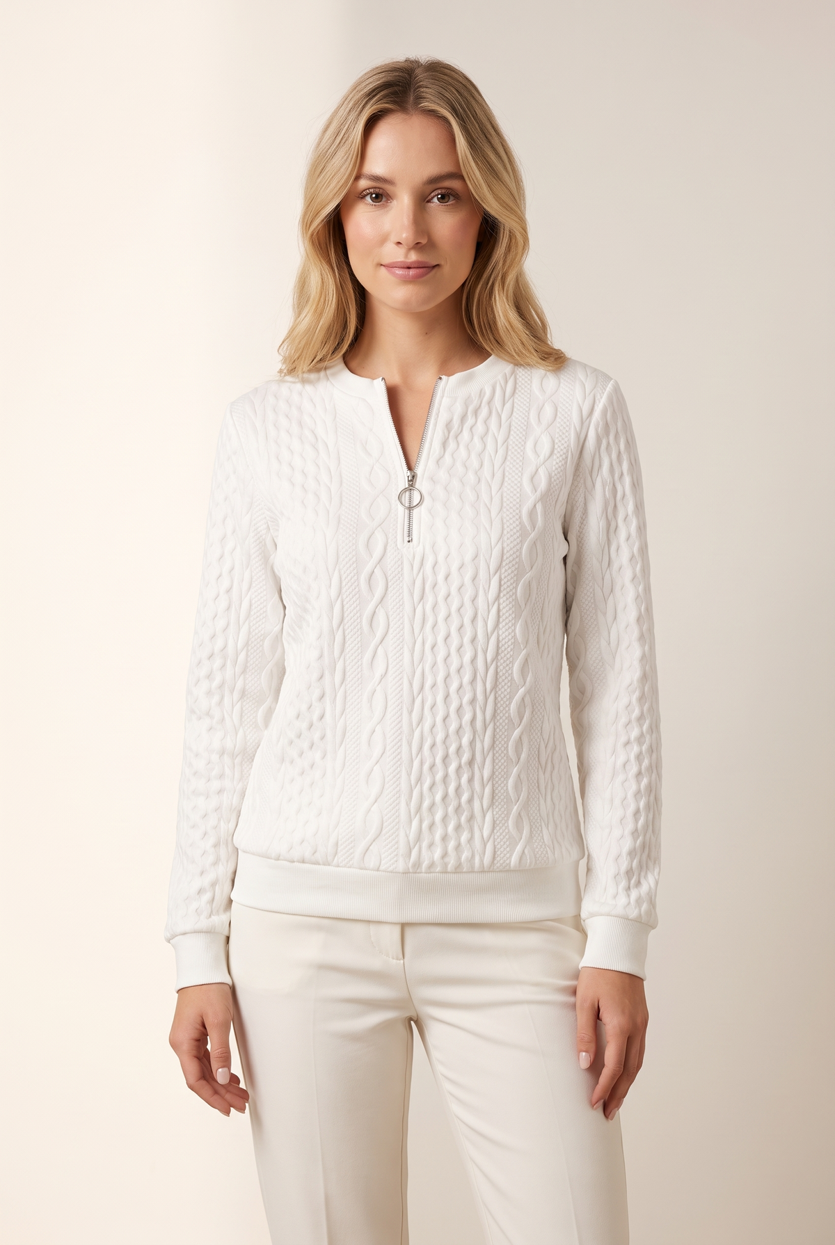 Linda Women's Warm Quarter-Zip Cable Sweater, on model