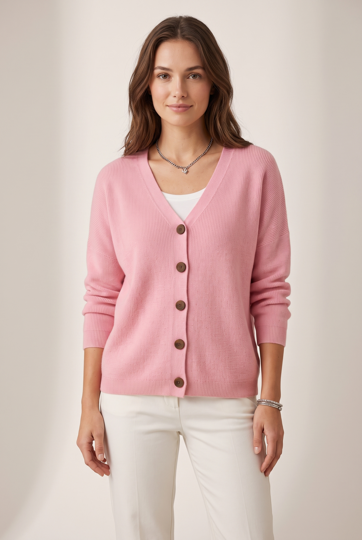 Melanie Women's Button-Front V-Neckline Stretch-Knit Comfort Cardigan, on model