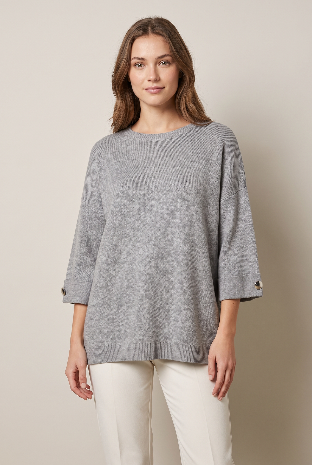 Sonora Women's Crew Neck Loose Straight Fit Wide Three-Quarter Sleeve Sweater, on model
