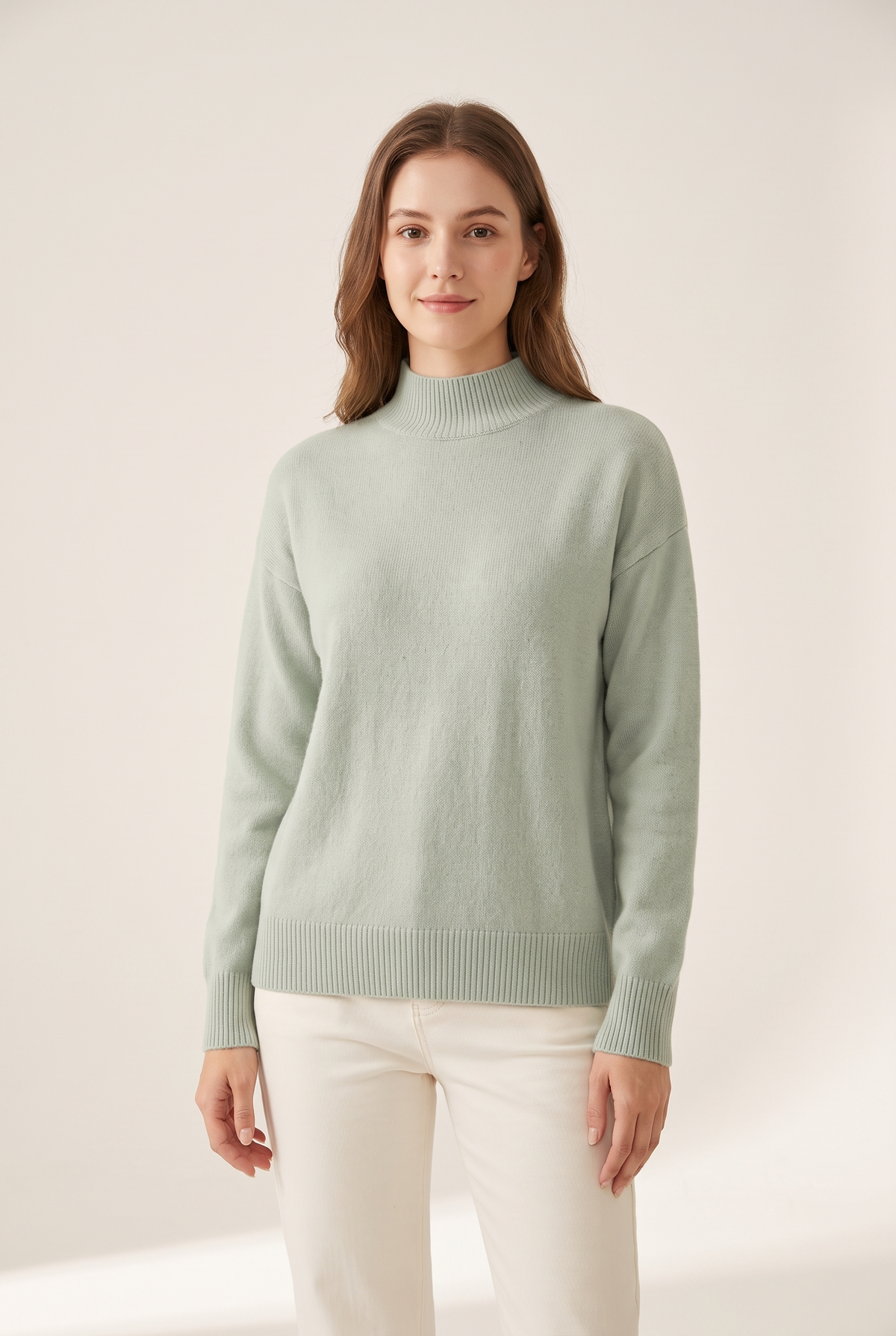 Women's Mock Turtleneck Ribbed Cuffs Collar Sweater, on model