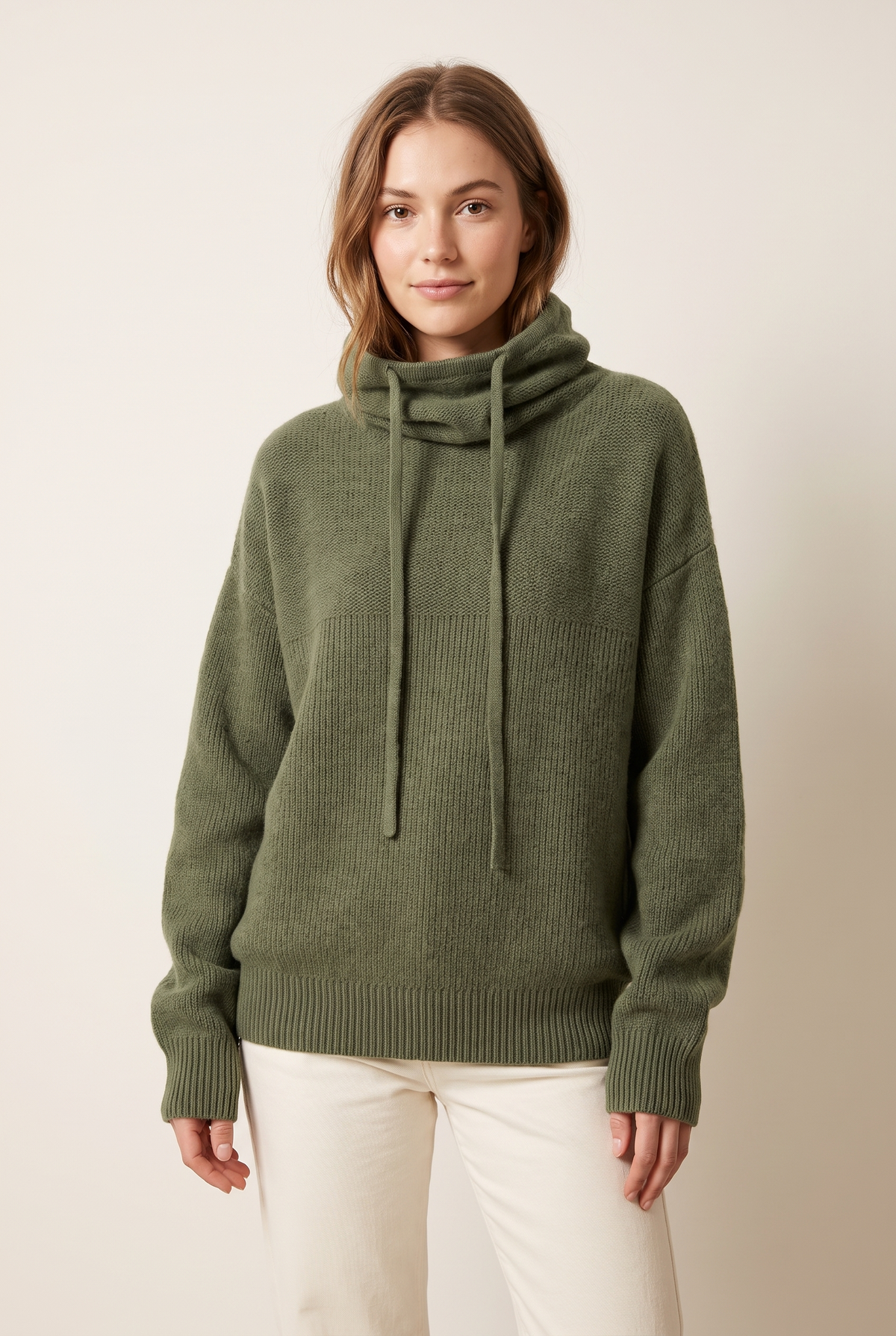 Holly Women's Turtleneck Oversized Relaxed Fit Ribbed Cuffs Hem Sweater, on model