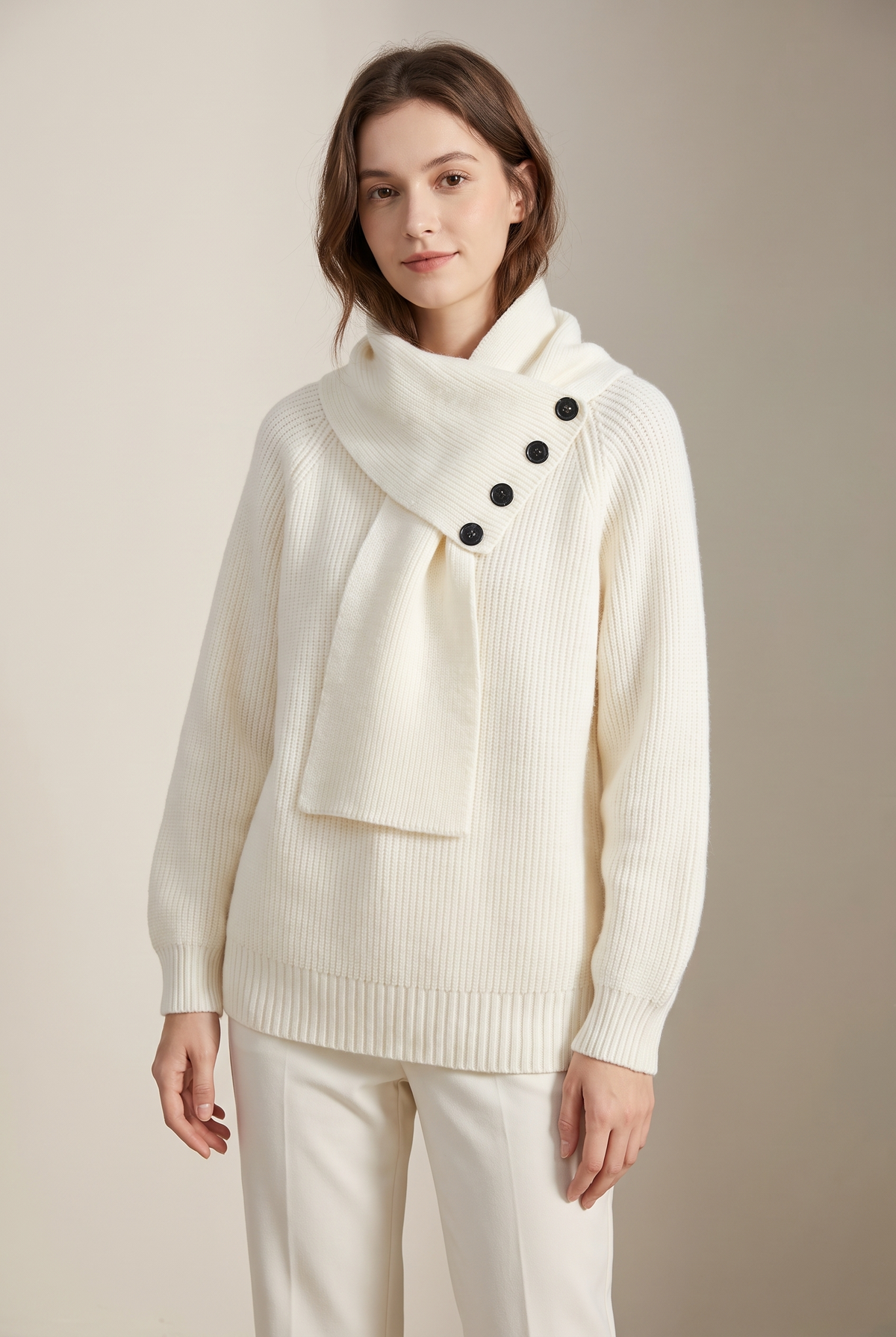 Josephine Women's Asymmetric High Neck Button Details Ribbed Knit Sweater, on model
