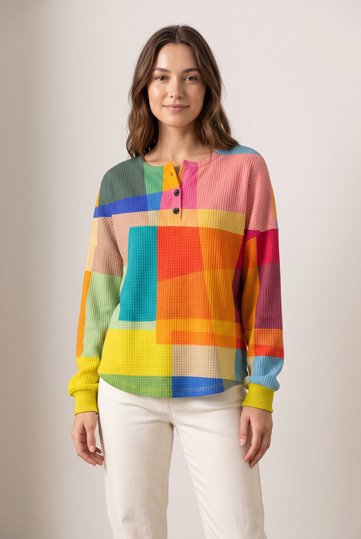 Women's Colorblock Eye-catching Print Waffle-knit Texture Sweater, on model