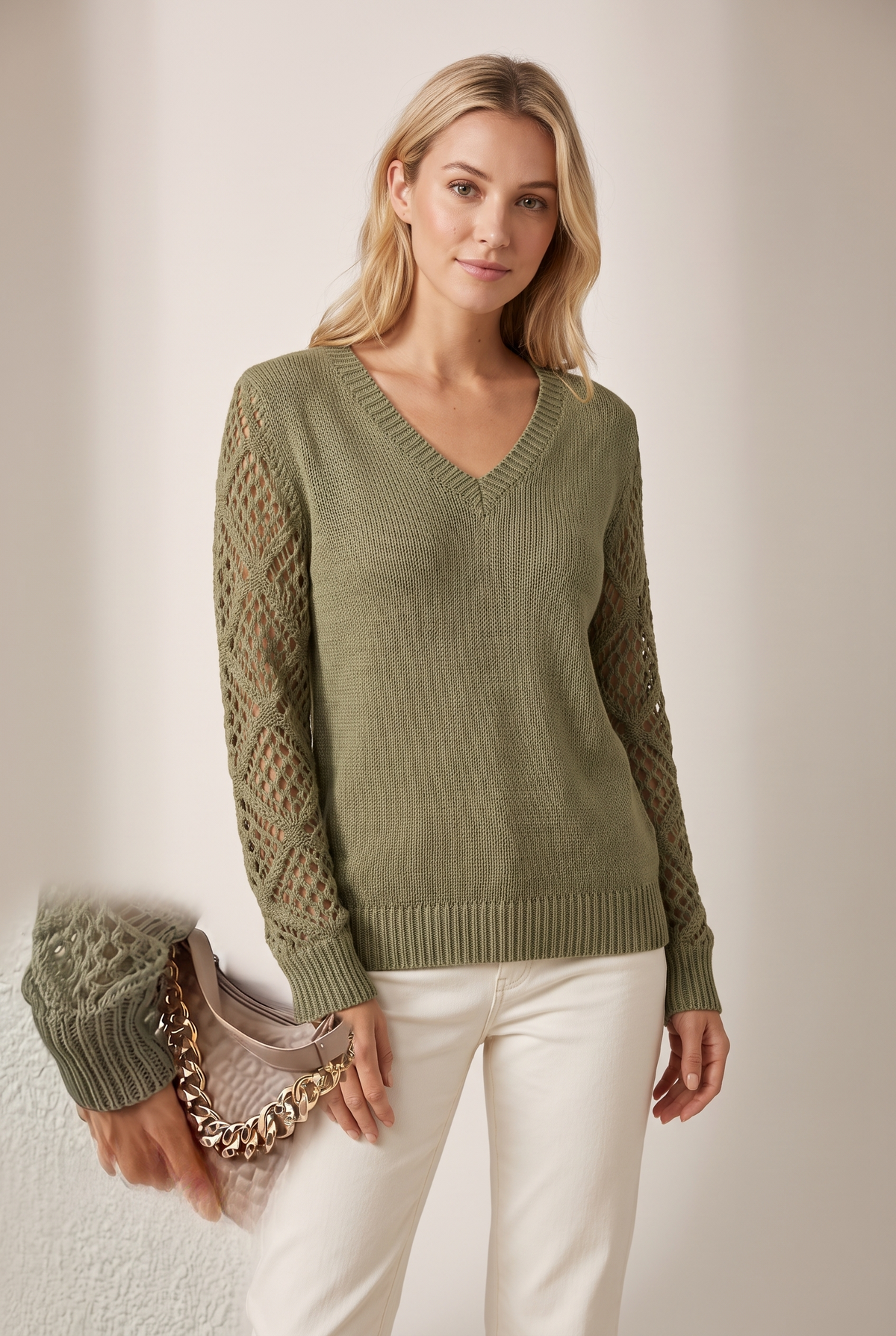 Women's V-Neck Open-Weave Sleeves V-Neckline Sweater, on model