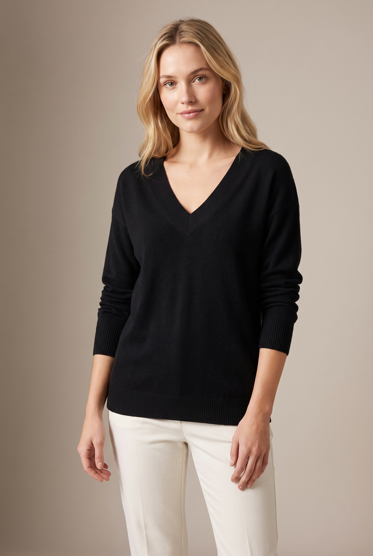 Women's Soft-Knit V-Neckline Ribbed Cuff Detail Sweater, on model