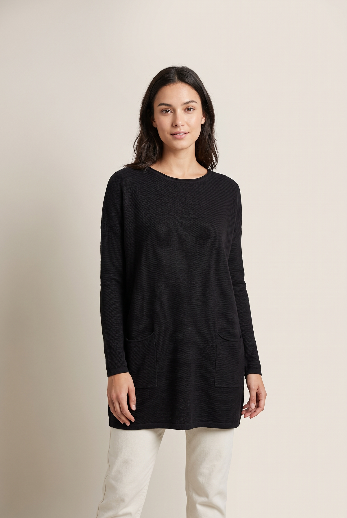 Katherine Women's Pockets Tunic Length Sweater, on model