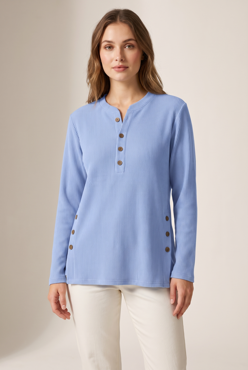 Josephine Women's Crew Neck Button Details Ribbed Knit Texture Sweater, on model