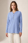 Josephine Women's Crew Neck Button Details Ribbed Knit Texture Sweater, on model