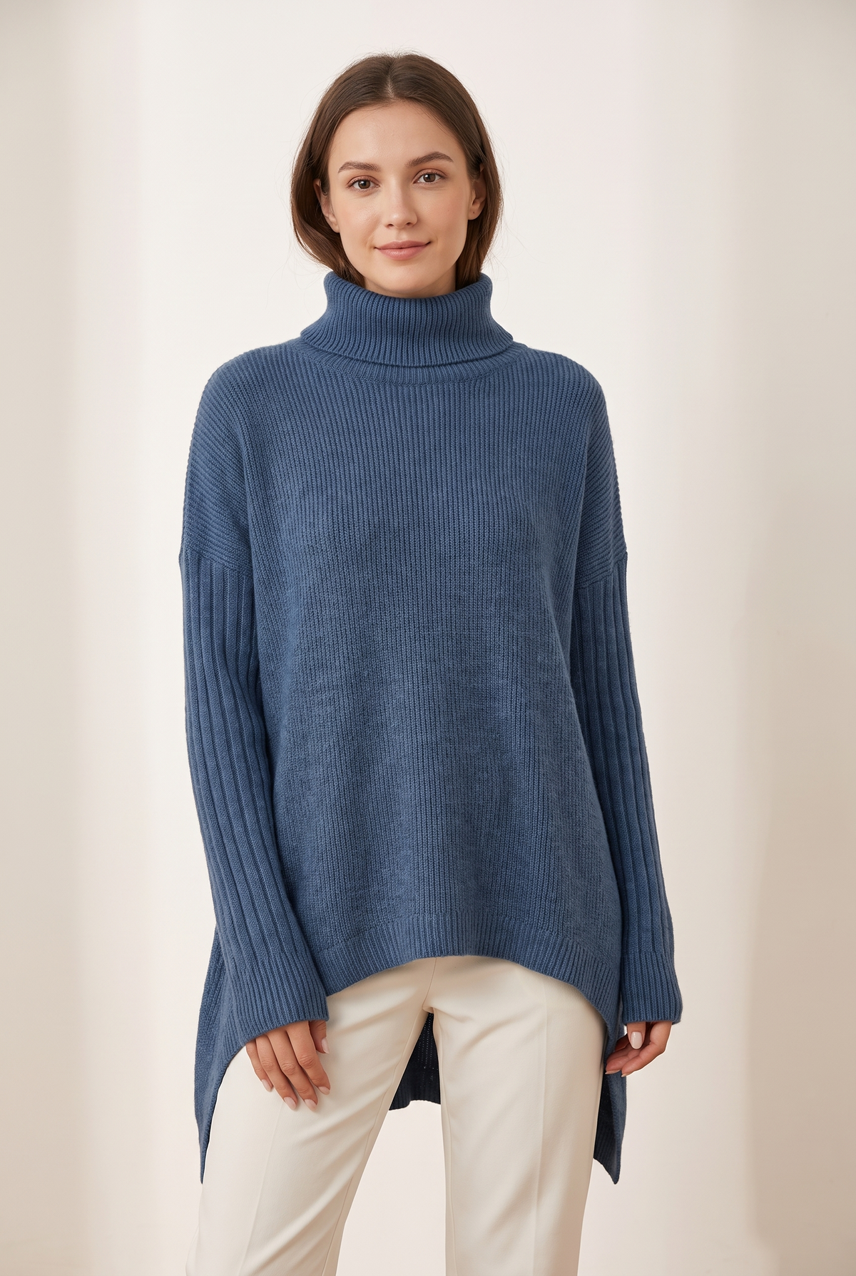 Women's Oversized Ribbed Turtleneck High-Low Hem Sweater, on model