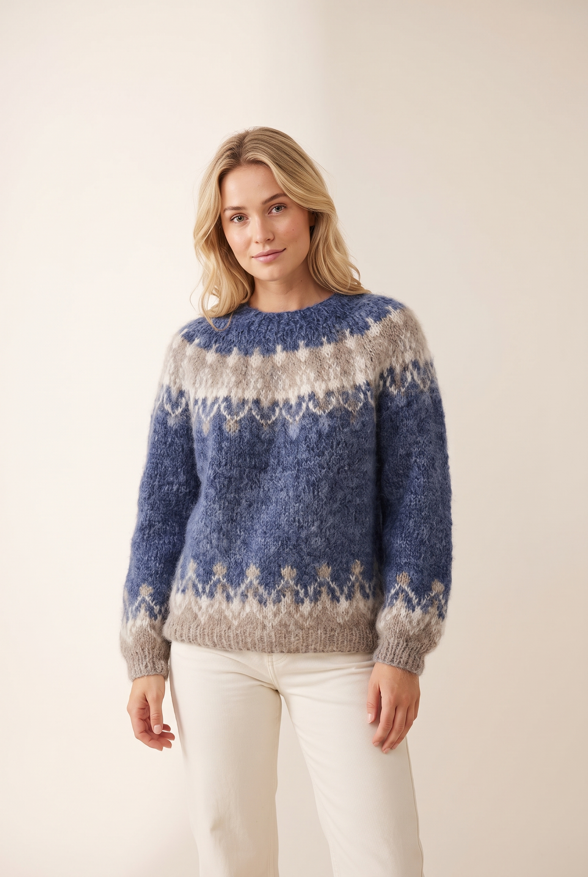 Naomi Women's Fair Isle Knit Statement Pattern Sweater, on model