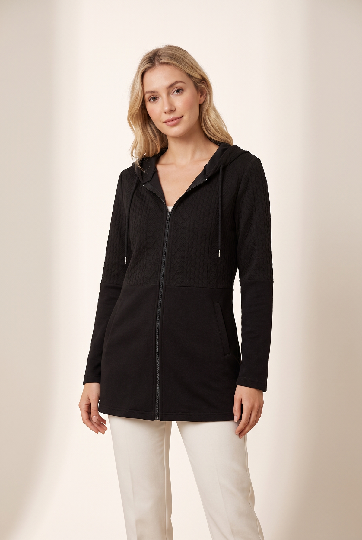 Rachel Women's Zip-Up Hoodie with Front Pockets and Adjustable Hood, on model