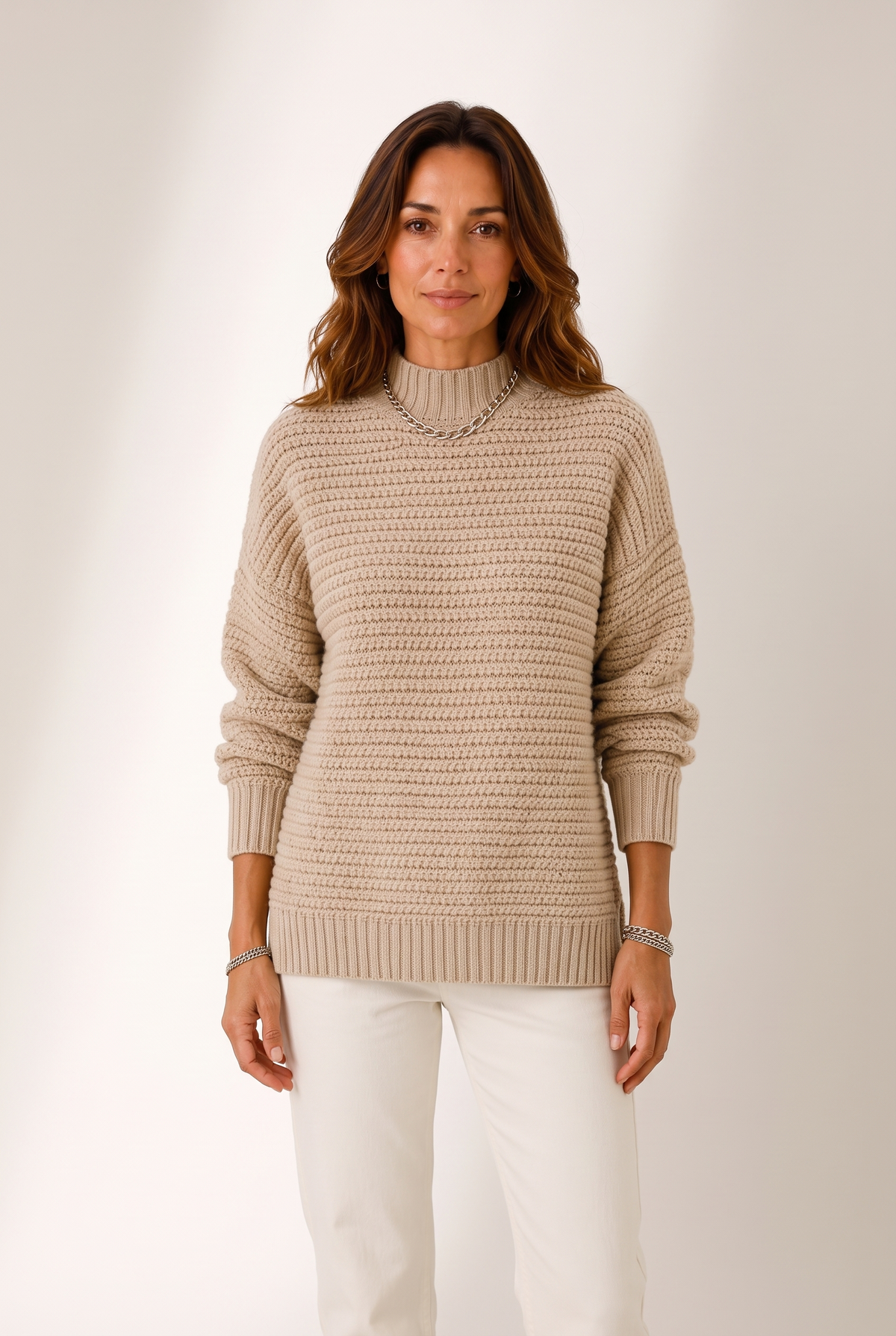 Jenny Women's Ribbed Knit Side-Slit Sweater, on model