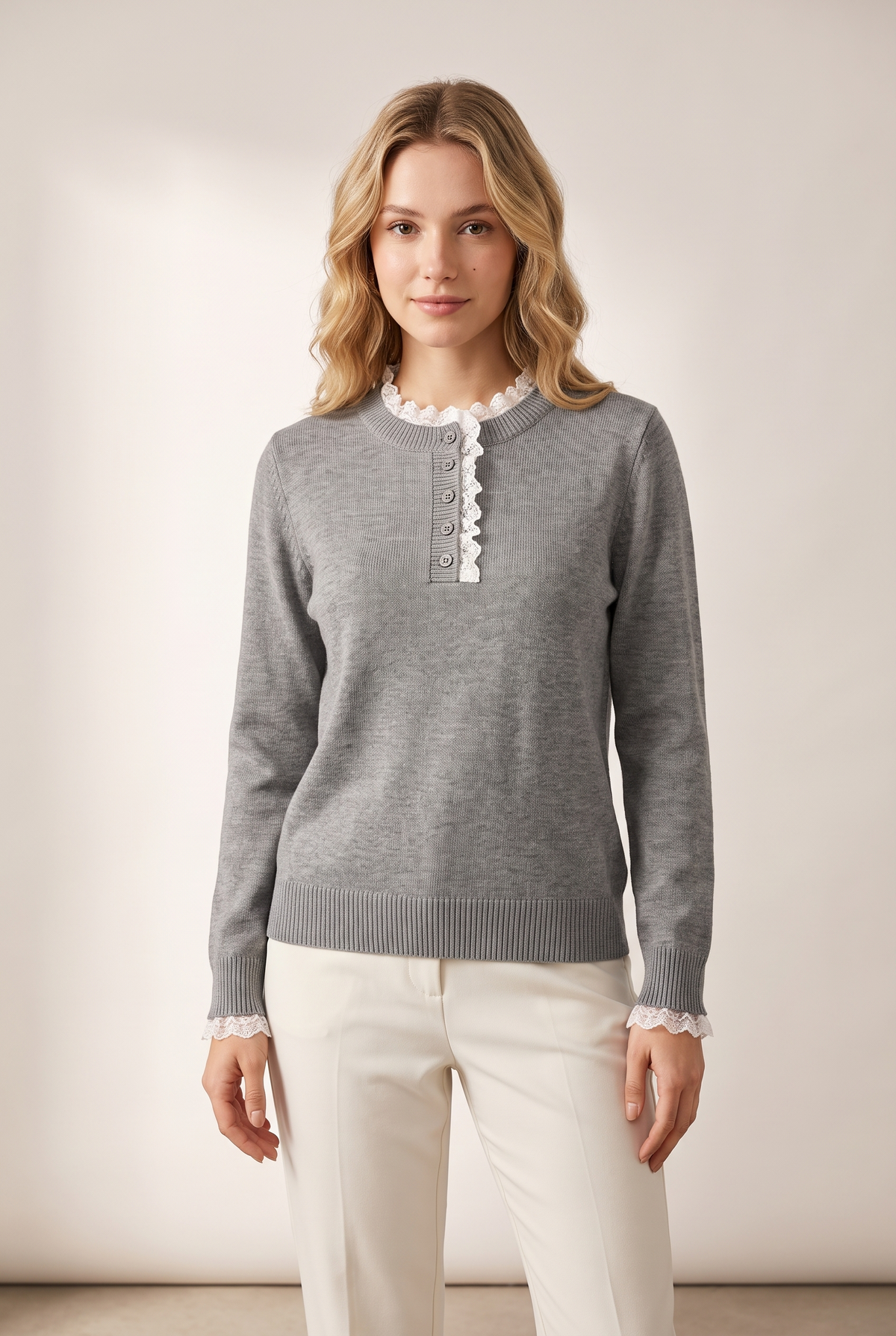 Layla Women's Lace-Trim Ribbed-Cuff Button-Detail Knit Sweater, on model