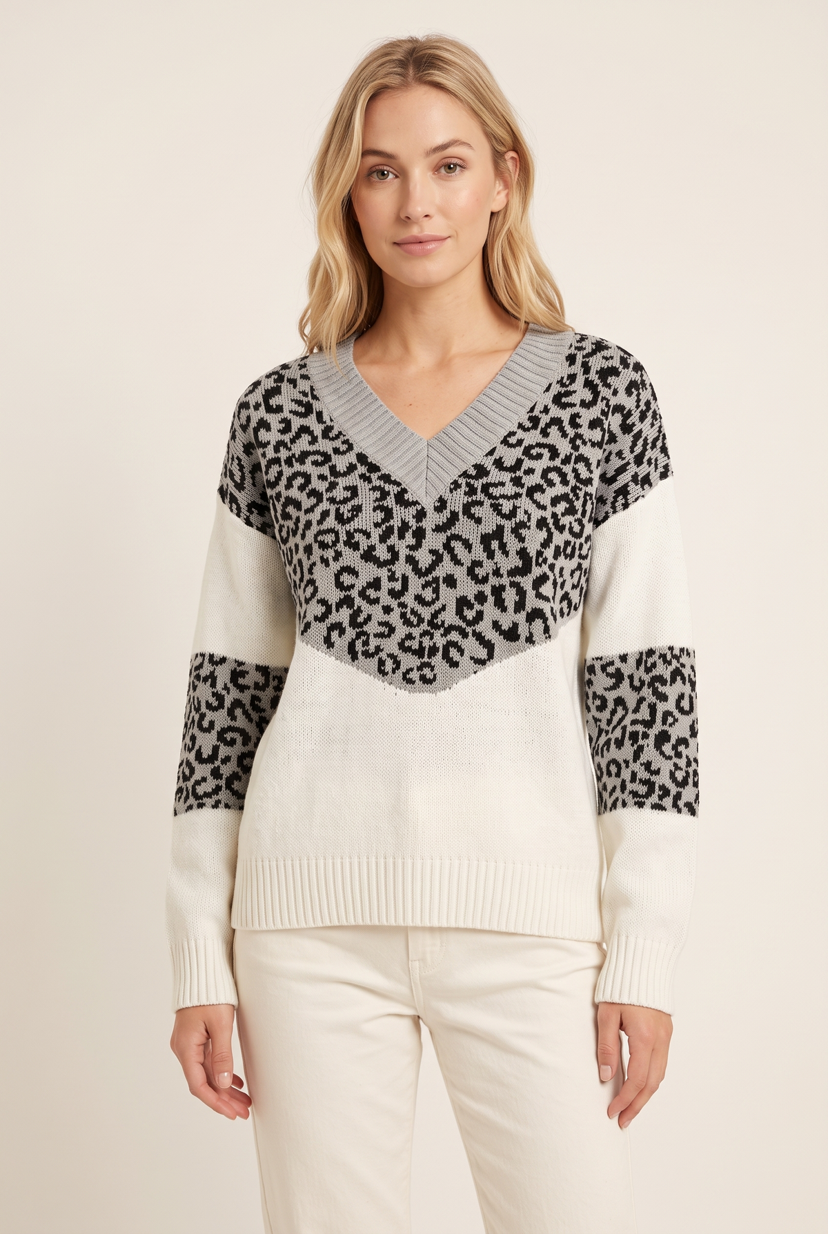 Sara Women's V-Neck Leopard Print Soft Knit Sweater, on model