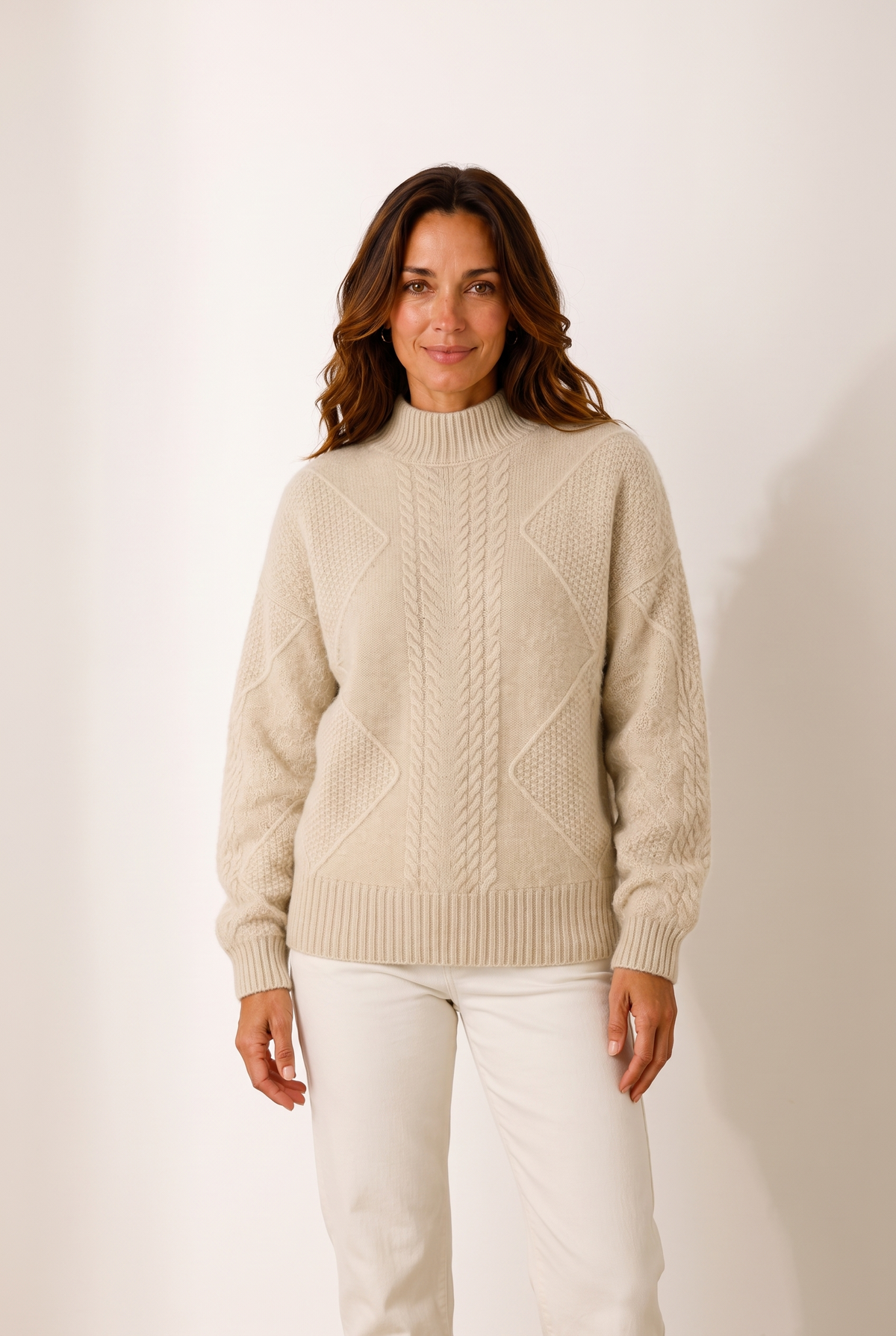 Elise Women's Mock-Neck Cable-Knit Winter Sweater, on model