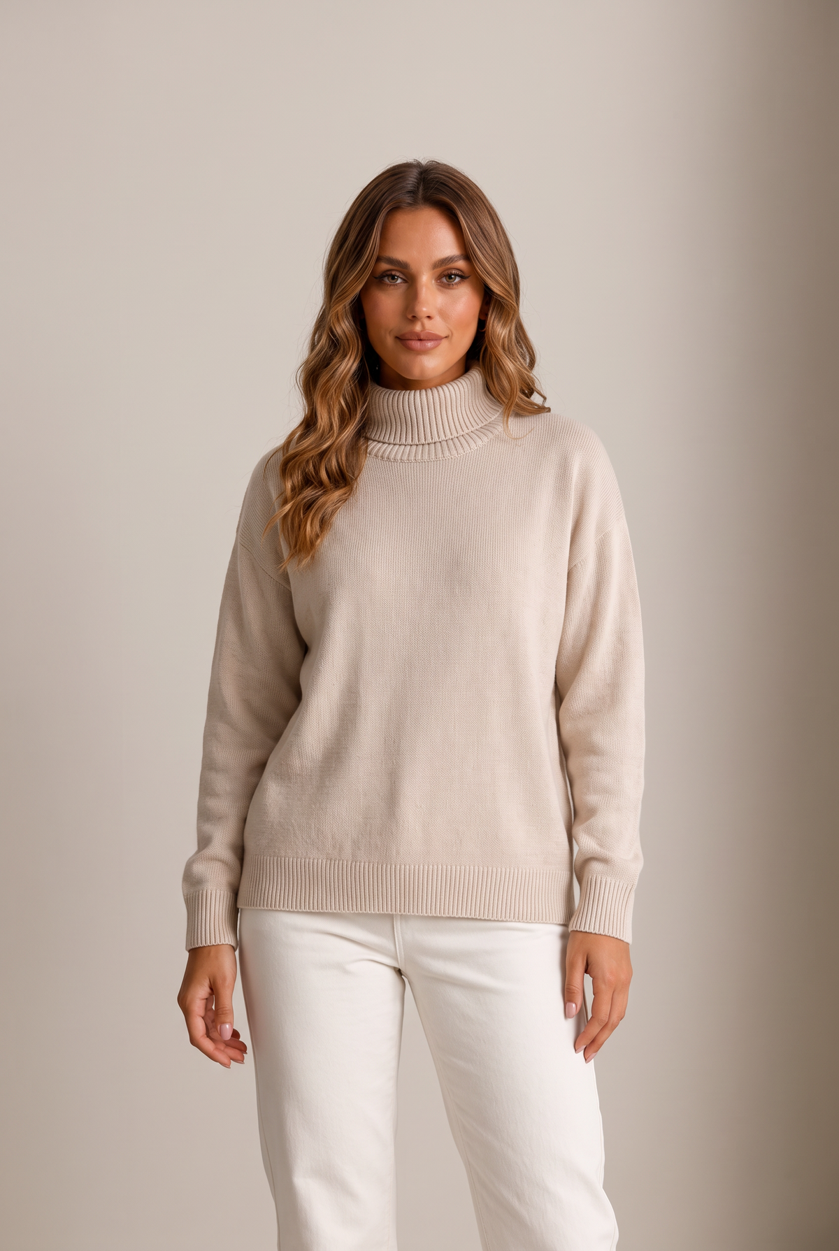 Lena Women's Relaxed Knit Turtleneck Sweater, on model