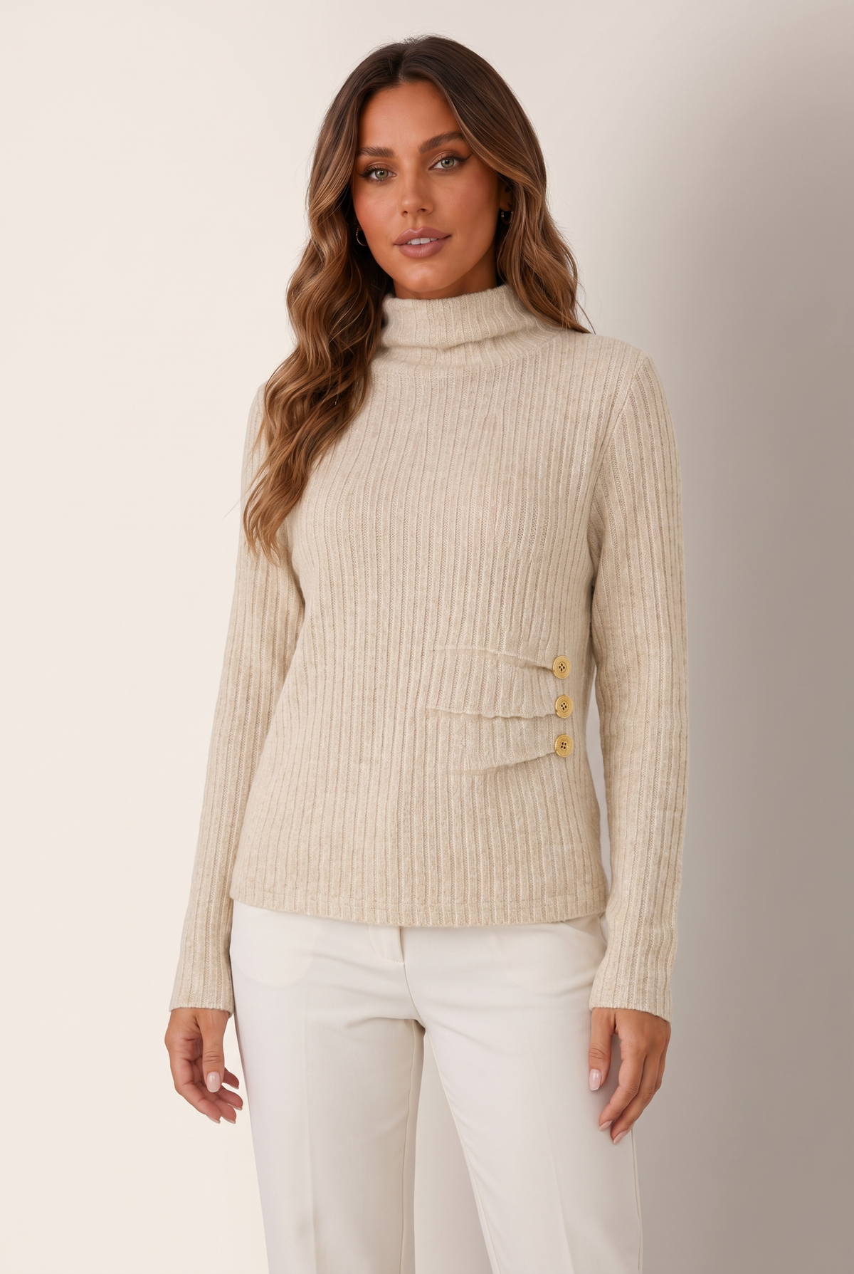 Elise Women's Ribbed Knit Button Turtleneck Sweater, on model