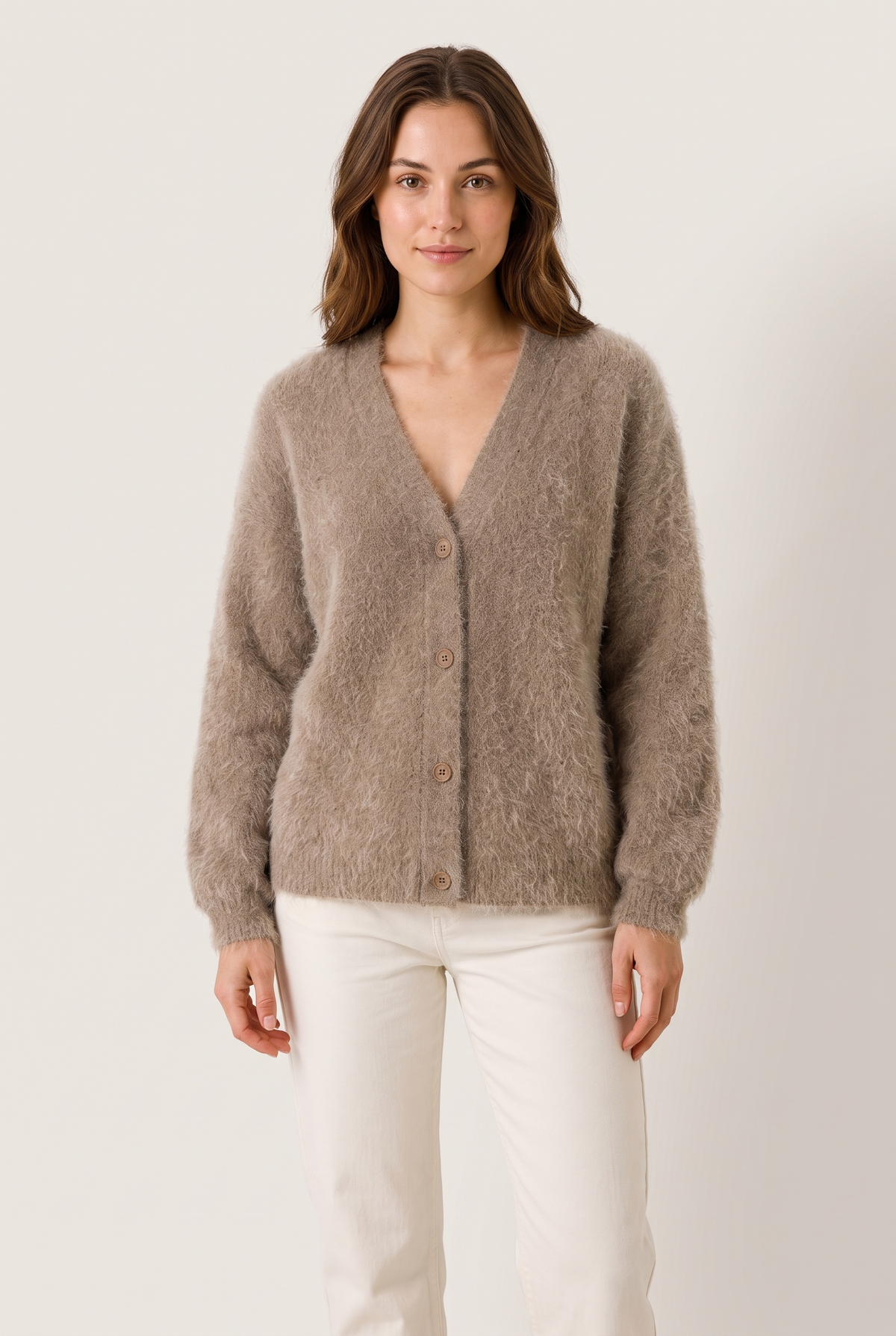 Sophie Women's Soft V-Neck Button-Up Knitted Sweater, on model