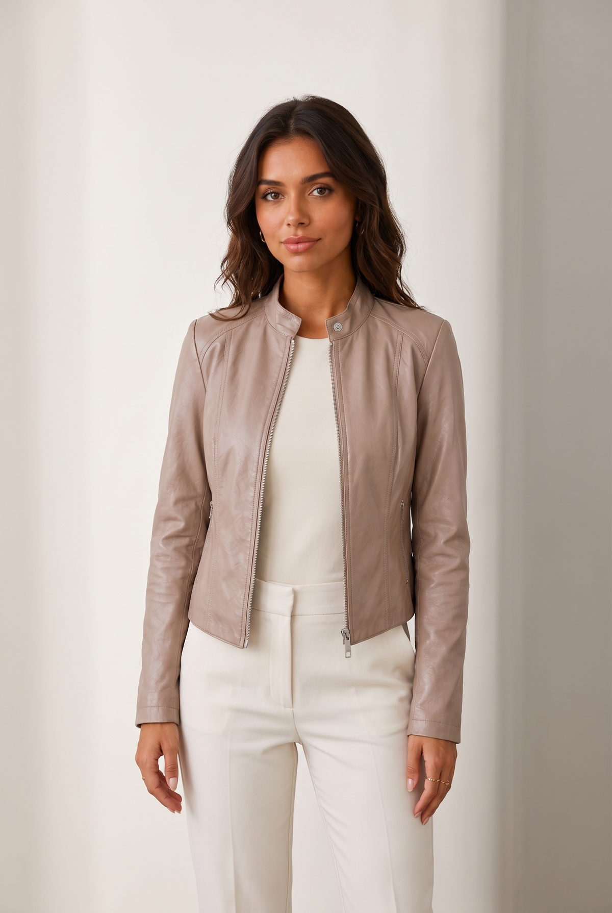 Sienna Women's Cropped Faux Leather Moto Jacket, on model