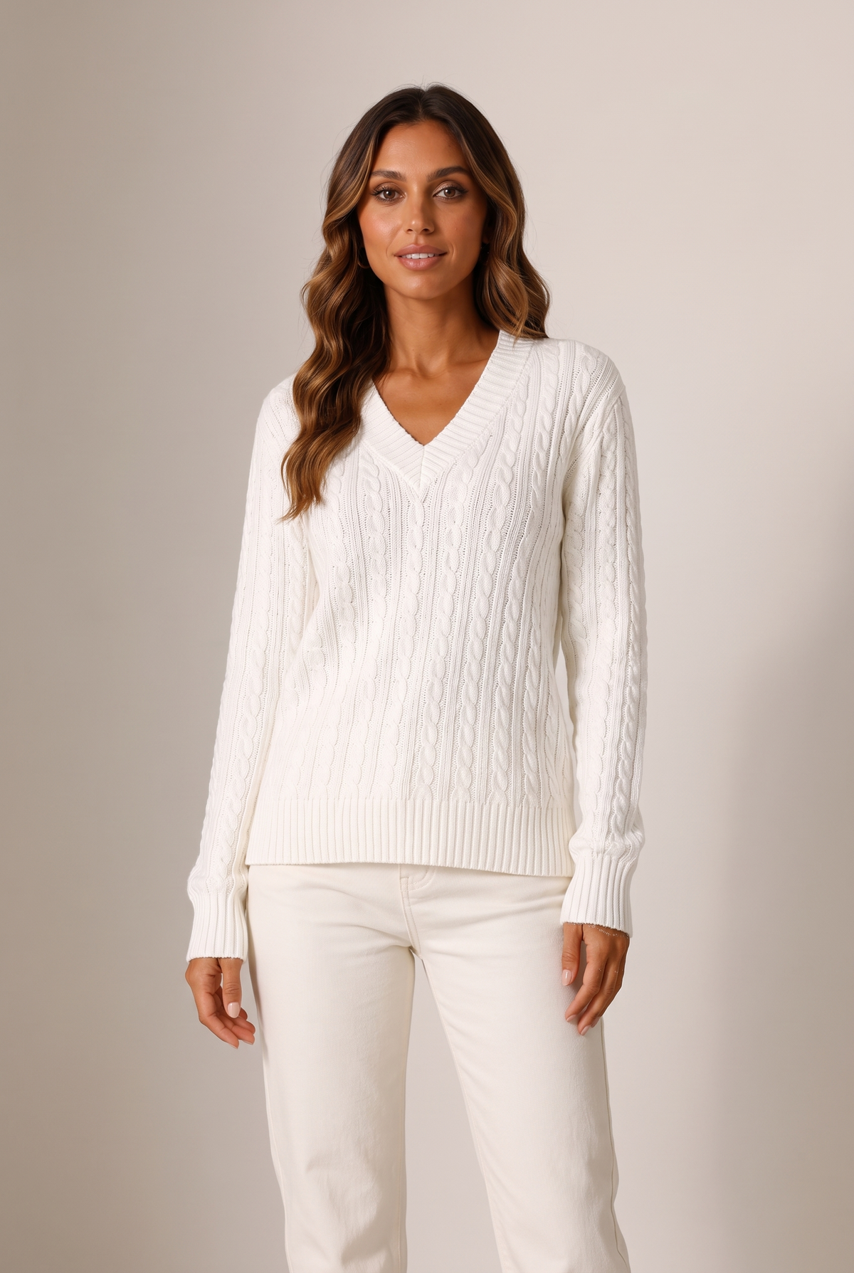 Sophia Women's Cable-Knit V-Neck Winter Sweater, on model