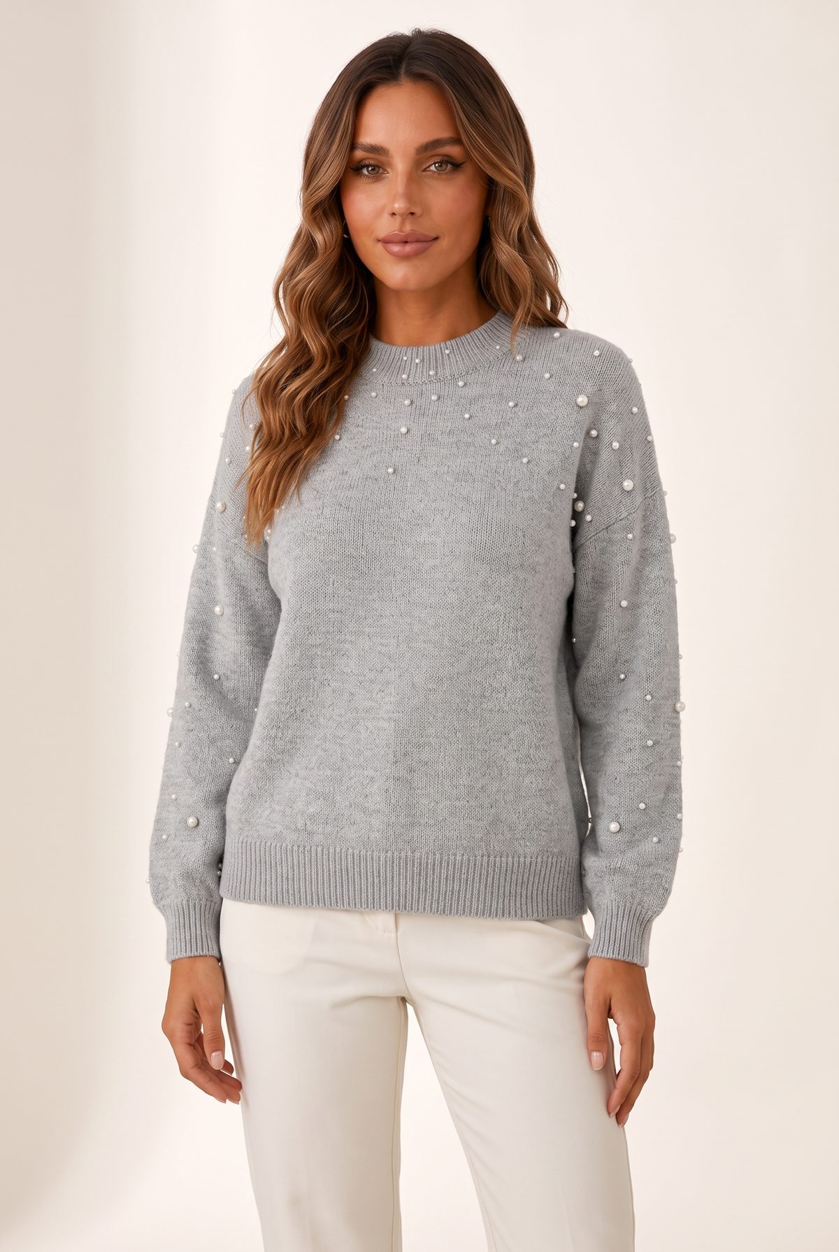 Sienna Women's Pearl-Beaded Knit Relaxed Sweater, on model