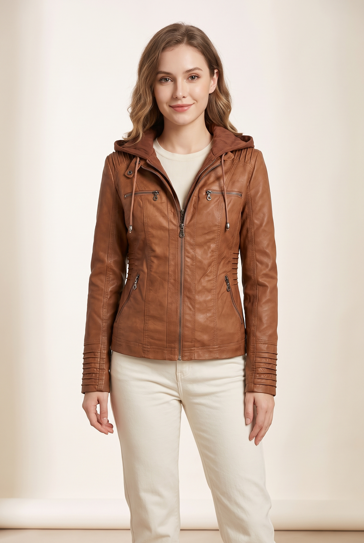 Olivia Women's Hooded Moto Faux Leather with Removable Hood Jacket, on model