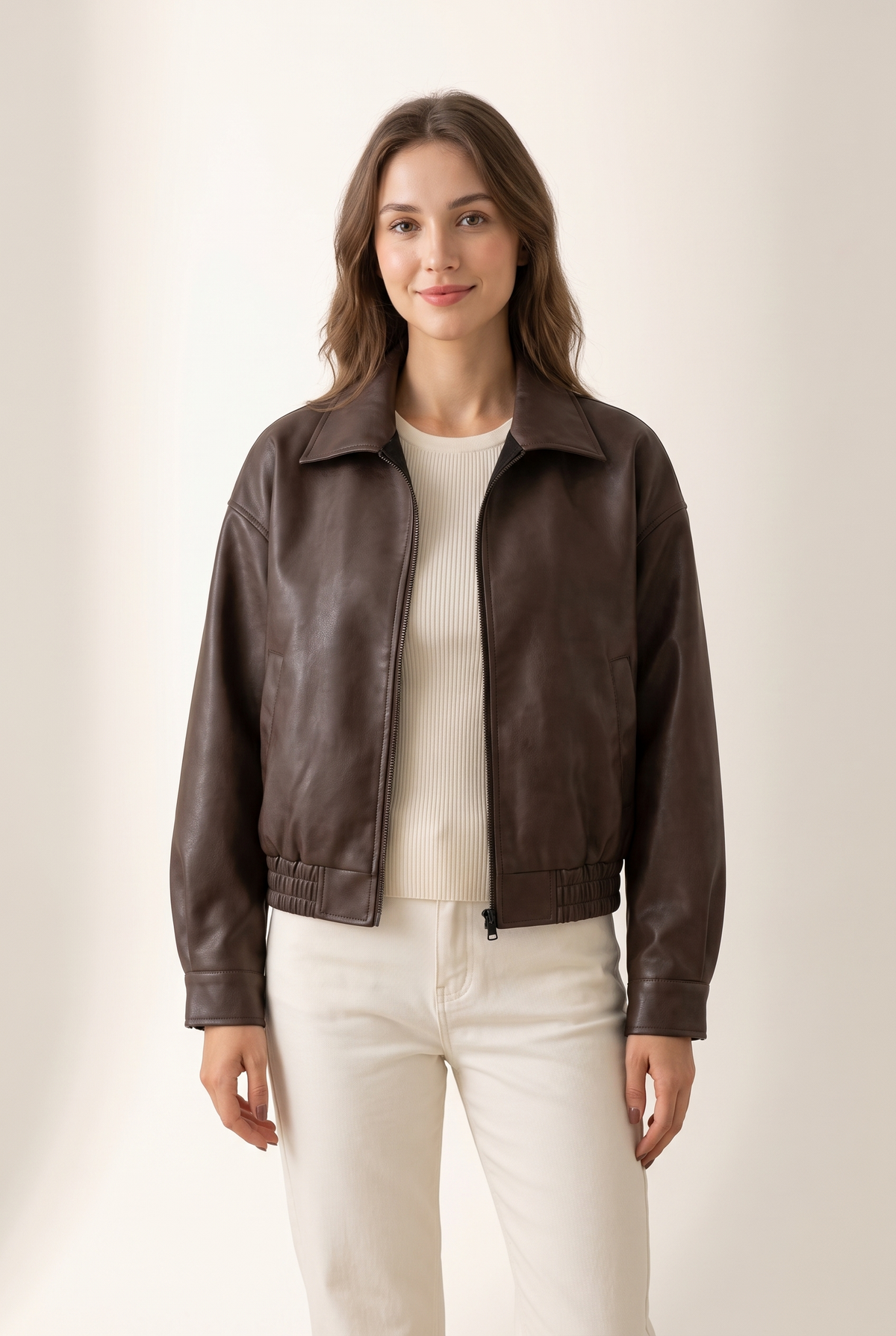 Women's Faux Leather Bomber Jacket Zip-Up Sleeve, on model