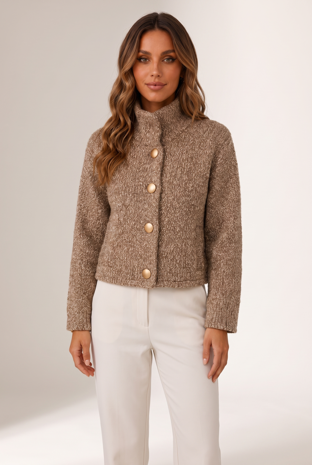 Josephine Women's Textured Knit Button-Up Jacket, on model