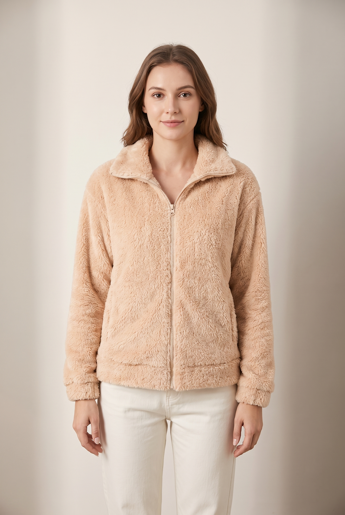 Women's Quilted Winter Jacket Fluffy Zip-Up, on model