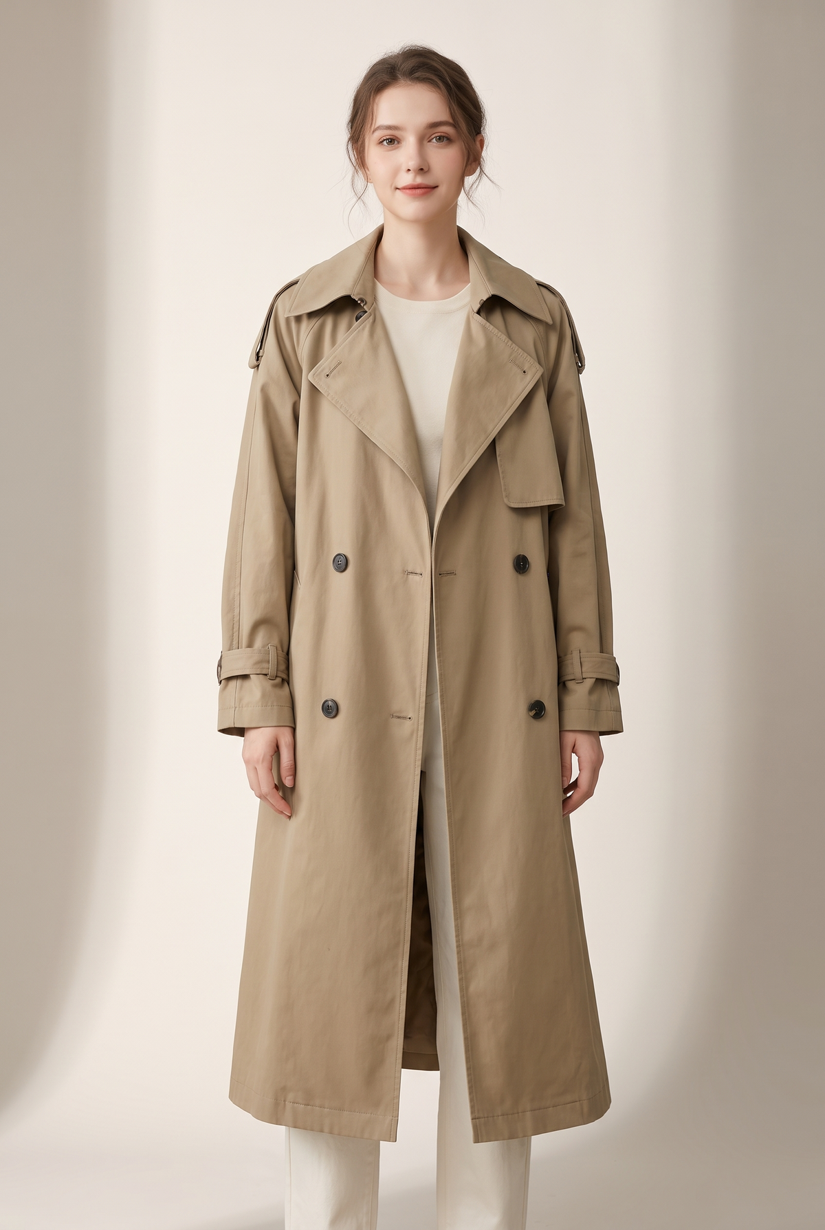 Women's Trench Jacket Long Oversized Double-Breasted, on model