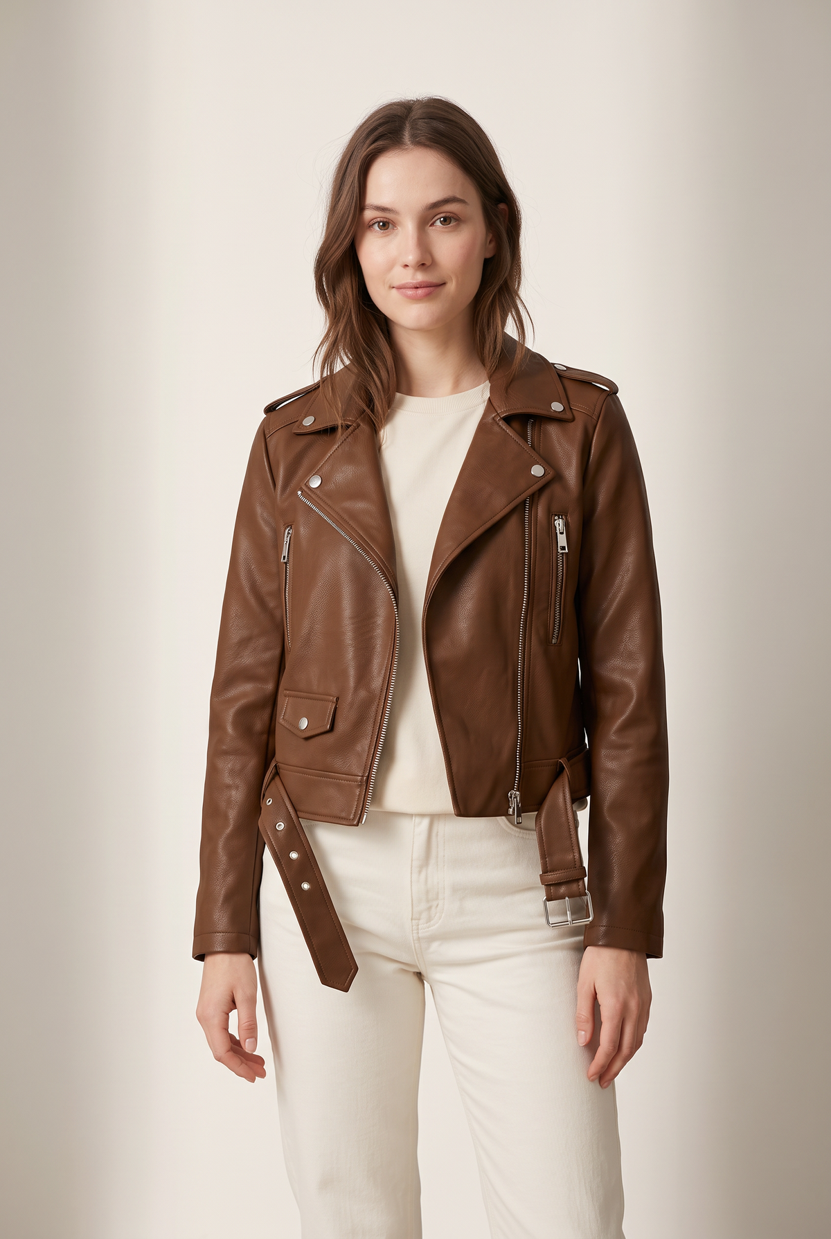 Sarah Women's Cropped Faux Leather Moto Jacket, on model