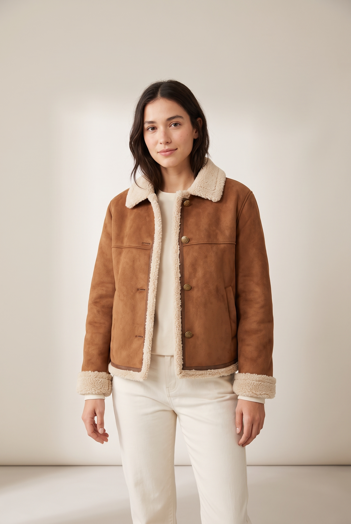 Savannah Women's Winter Faux Suede Sherpa-Lined Button-Up Jacket, on model
