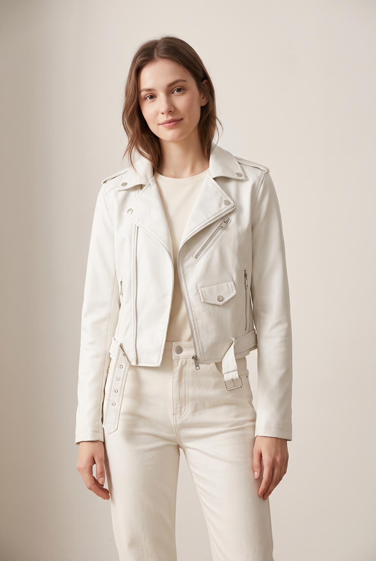Gina Women's Cropped Faux Leather Belted Moto Biker Jacket, on model