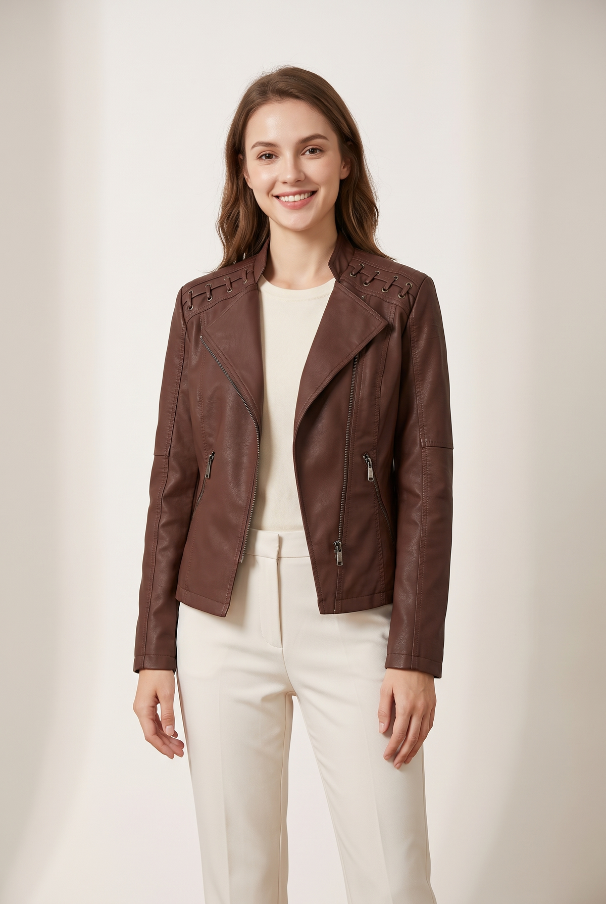 Victoria Women's Faux Leather Moto Jacket, on model