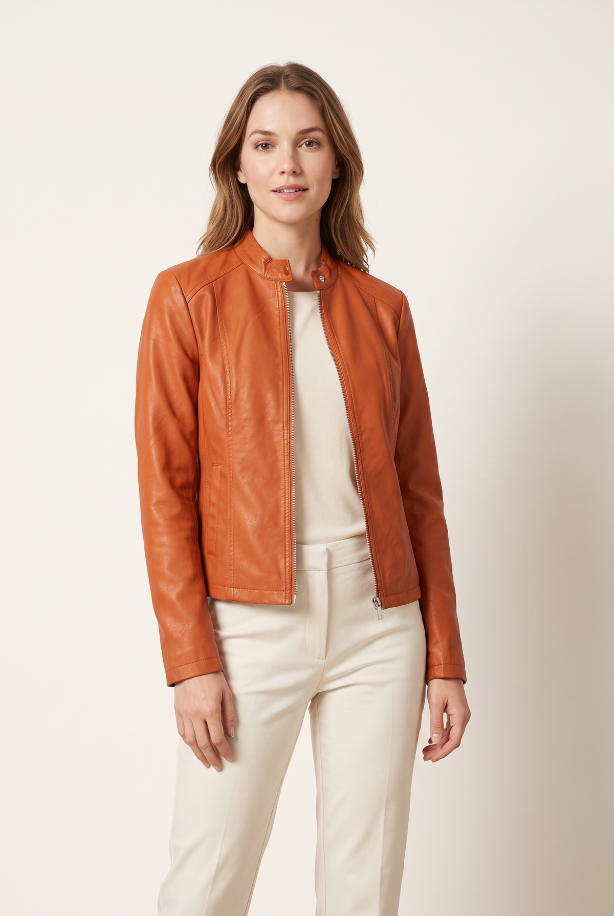 Jenny Women's Faux Leather Zip-Up Jacket, on model